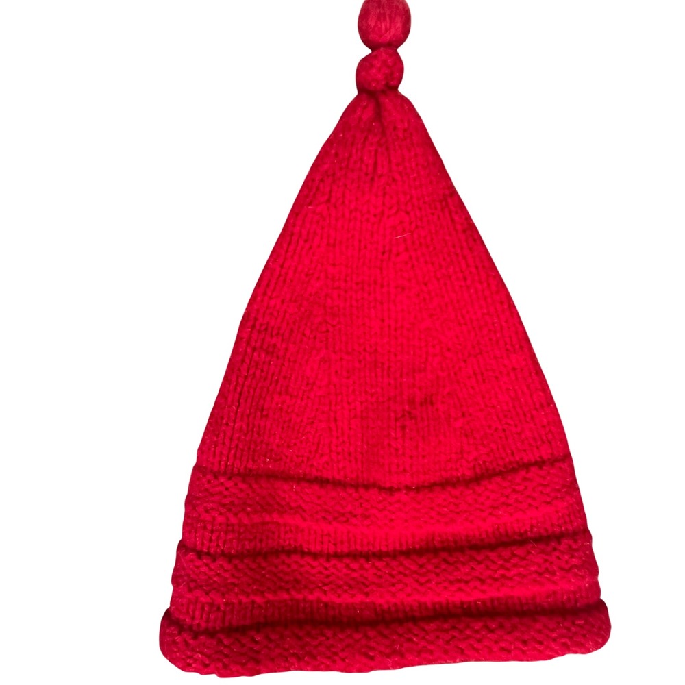 Red Hand Knit Pointed Double Pom-Pom Whimsical Elf Gnome Winter Christmas Hat